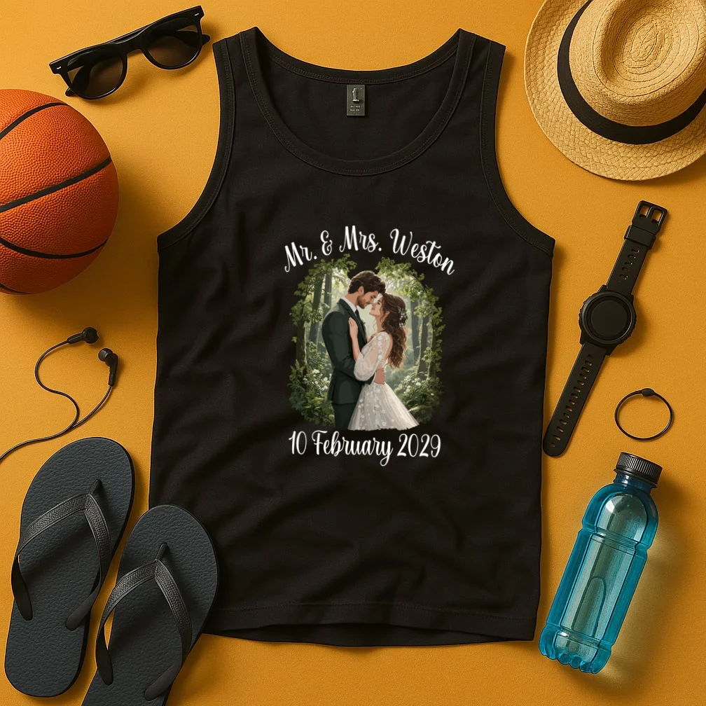 Personalized Rustic Wedding Couple Portrait – Botanical Floral Custom Name & Date Design Men's Tank Top - Front 3