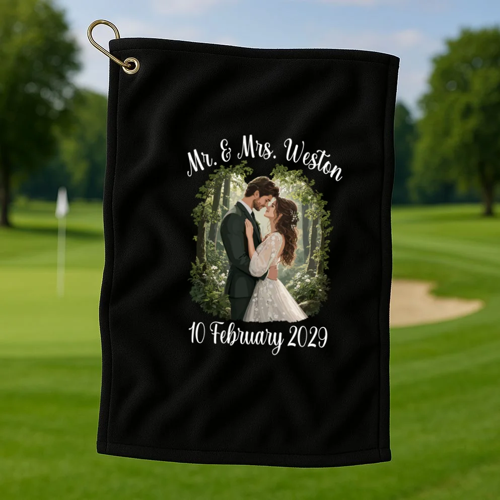 Personalized Rustic Wedding Couple Portrait – Botanical Floral Custom Name & Date Design Golf Towel - Front 1