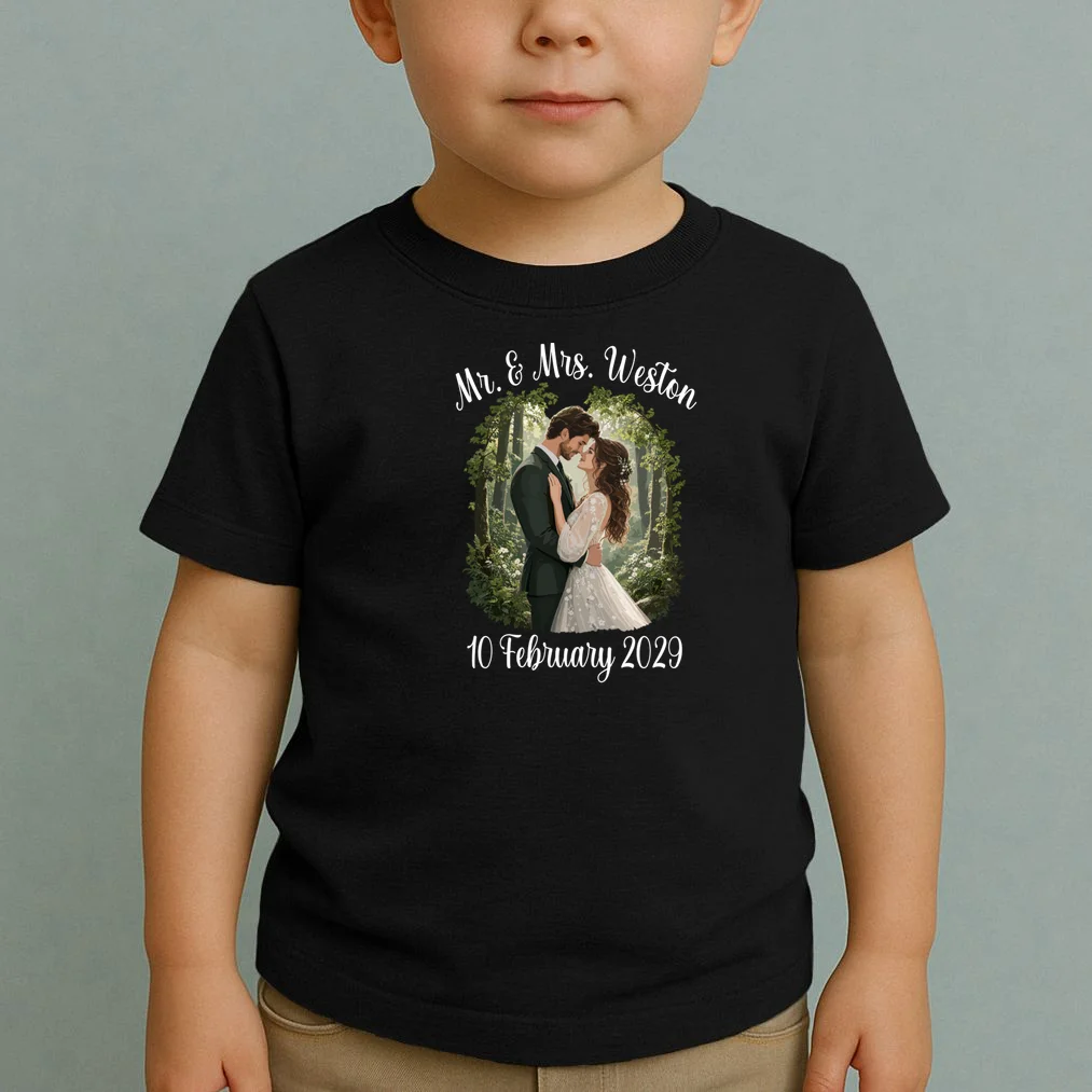 Personalized Rustic Wedding Couple Portrait – Botanical Floral Custom Name & Date Design Toddler T-Shirt - Front 1