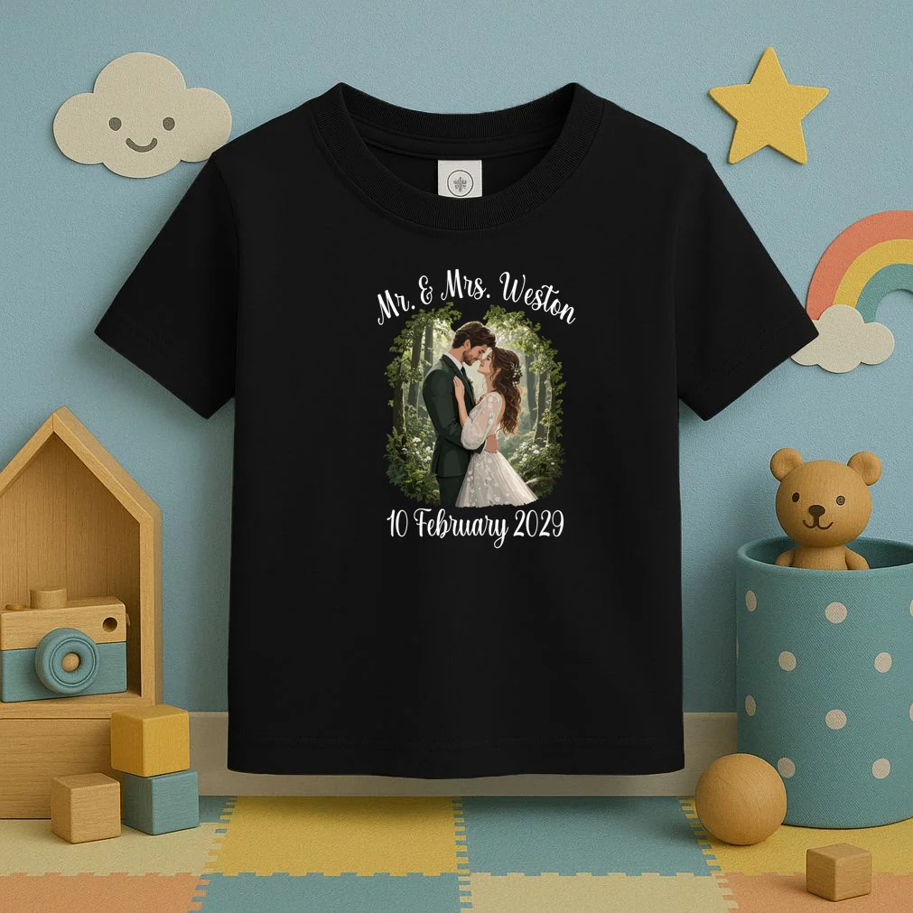 Personalized Rustic Wedding Couple Portrait – Botanical Floral Custom Name & Date Design Toddler T-Shirt - Front 2