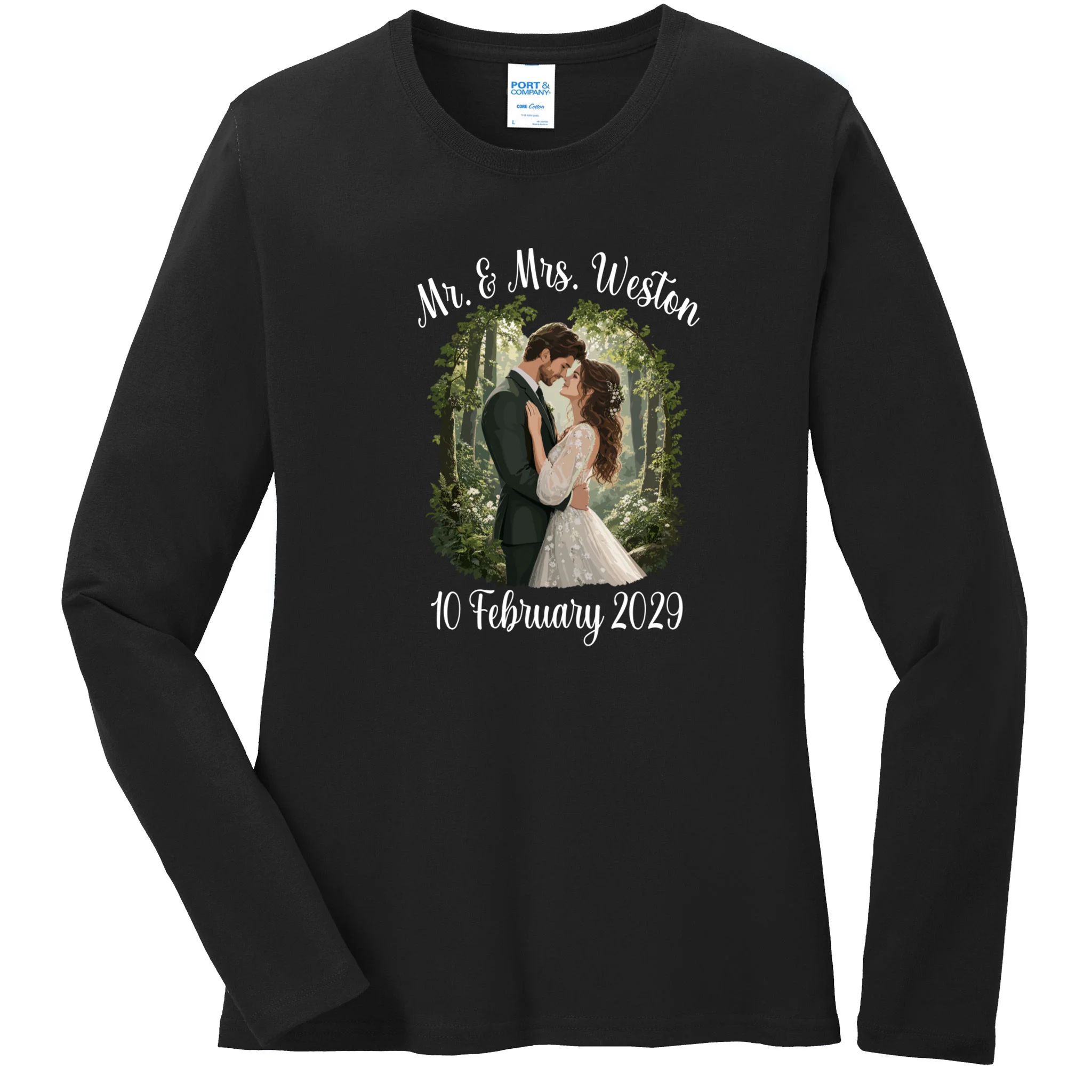 Personalized Rustic Wedding Couple Portrait – Botanical Floral Custom Name & Date Design Women's Long Sleeve Shirt Front
