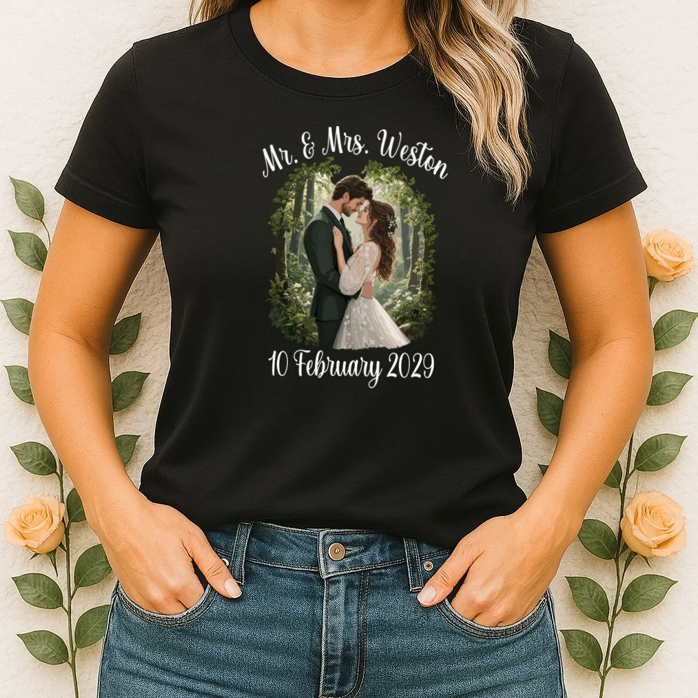 Personalized Rustic Wedding Couple Portrait – Botanical Floral Custom Name & Date Design Women's T-Shirt - Front 1