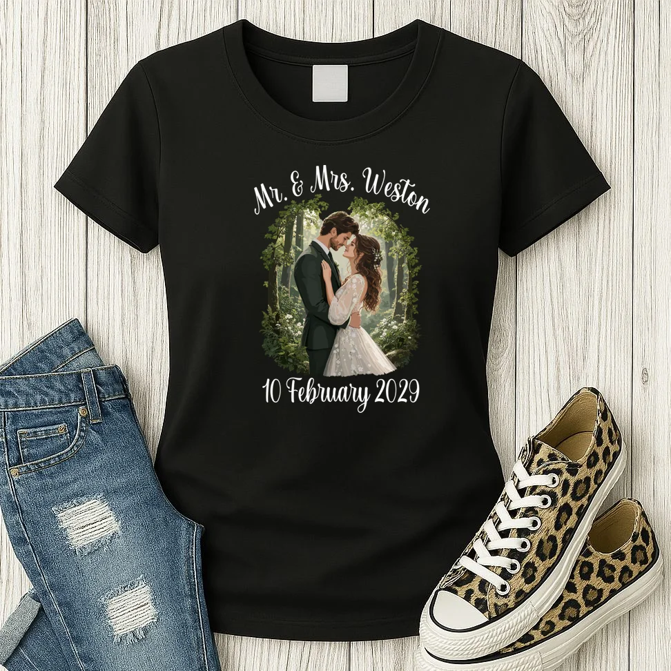 Personalized Rustic Wedding Couple Portrait – Botanical Floral Custom Name & Date Design Women's T-Shirt - Front 2