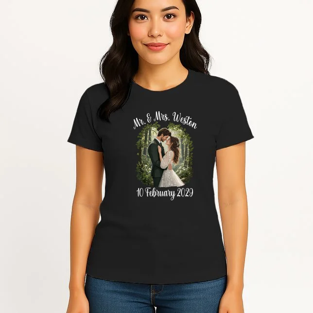 Personalized Rustic Wedding Couple Portrait – Botanical Floral Custom Name & Date Design Women's T-Shirt - Front 3