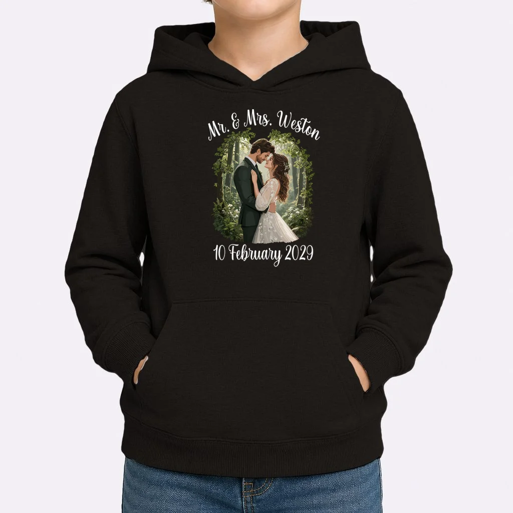 Personalized Rustic Wedding Couple Portrait – Botanical Floral Custom Name & Date Design Kids Hoodie - Front 1