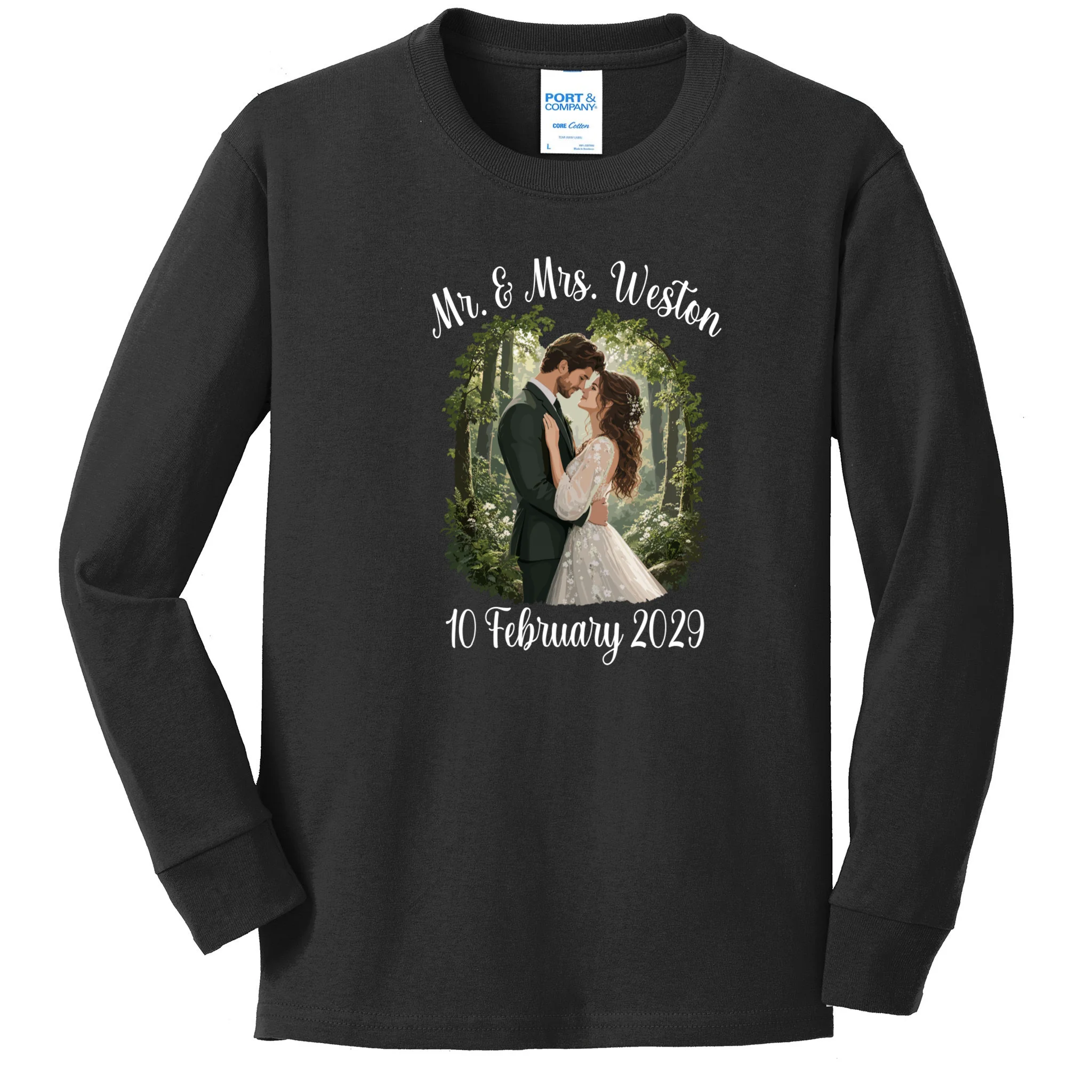 Personalized Rustic Wedding Couple Portrait – Botanical Floral Custom Name & Date Design Kids Long Sleeve Shirt Front