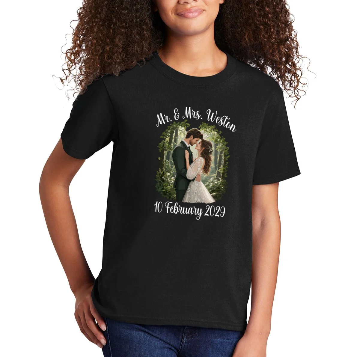 Personalized Rustic Wedding Couple Portrait – Botanical Floral Custom Name & Date Design Kids T-Shirt - Front 1
