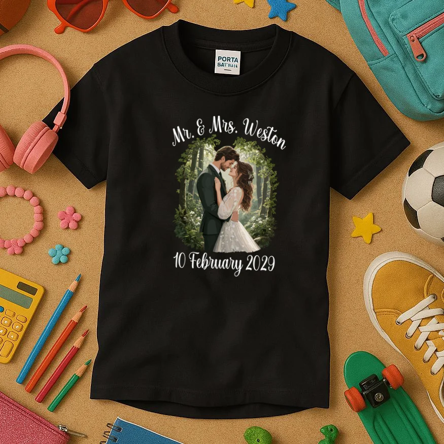 Personalized Rustic Wedding Couple Portrait – Botanical Floral Custom Name & Date Design Kids T-Shirt - Front 2