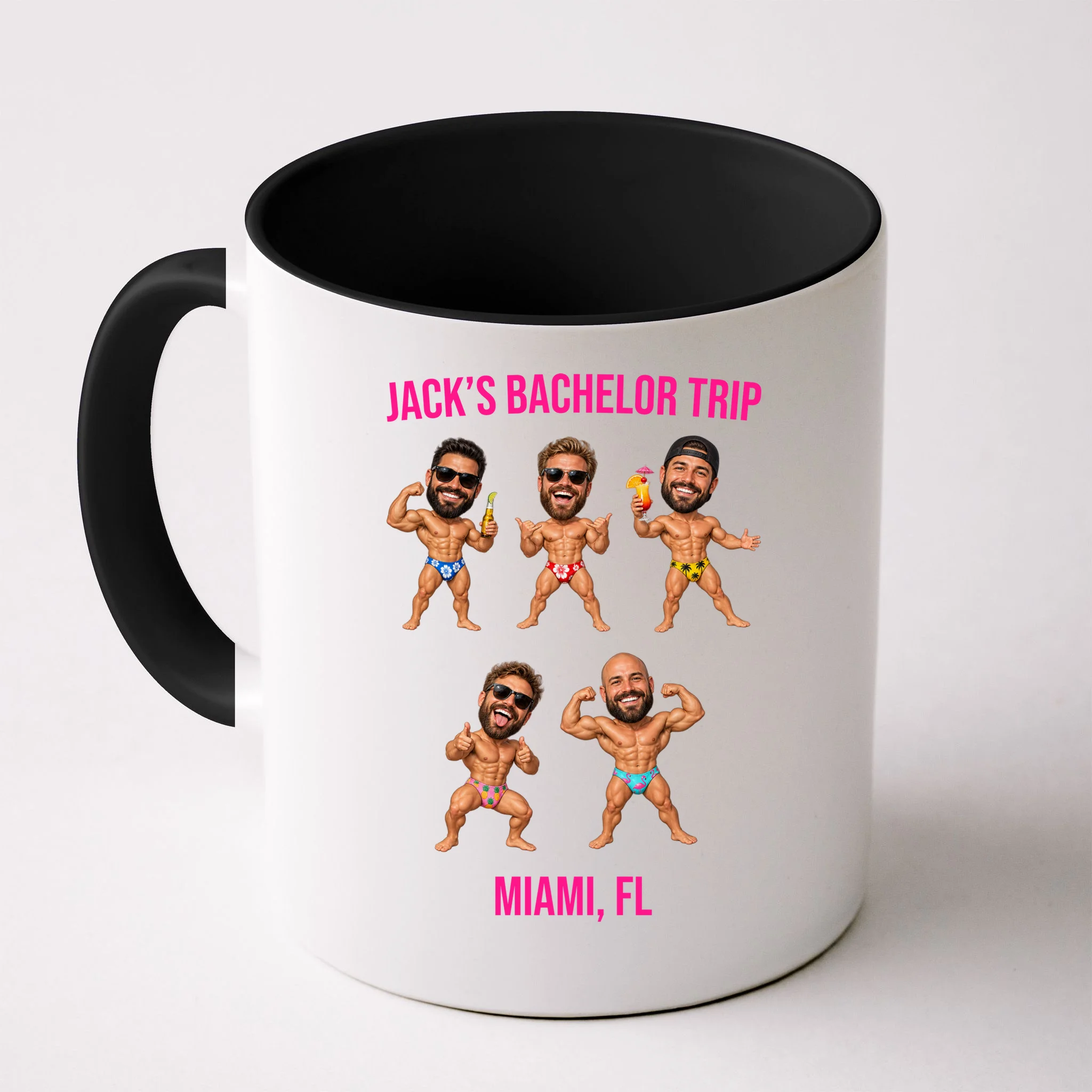 Personalized Tropical Bachelor Trip Mug - Custom Faces & Destination - Front