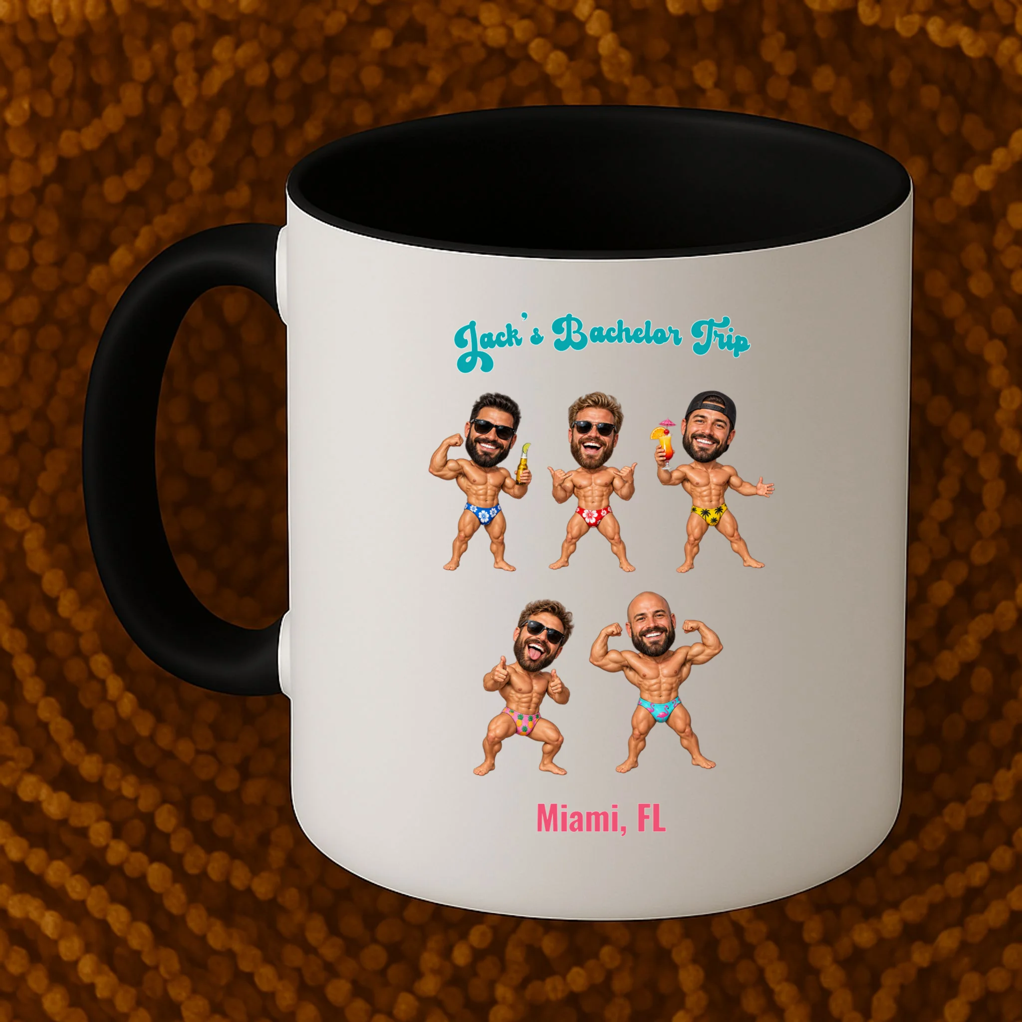 Personalized Tropical Bachelor Trip Coffee Mug - Custom Faces & Destination - Front 1