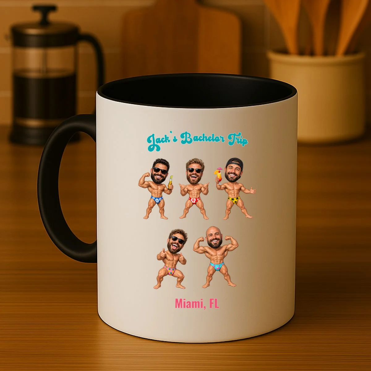 Personalized Tropical Bachelor Trip Coffee Mug - Custom Faces & Destination - Front 3