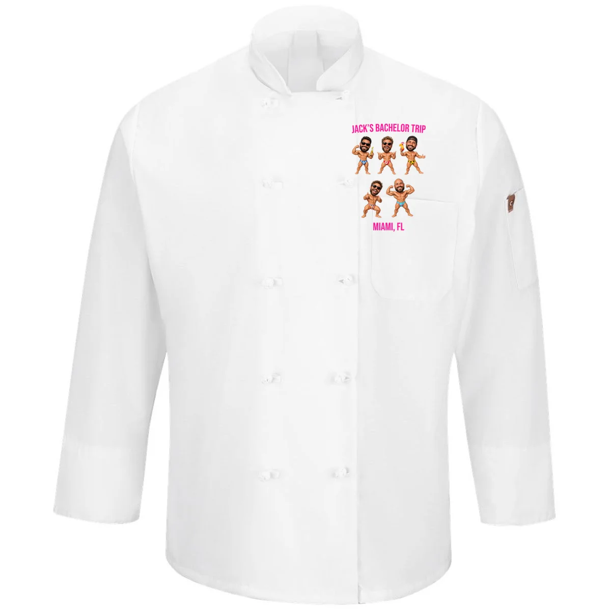 Personalized Tropical Bachelor Trip Men's Chef Coat - Custom Faces & Destination - Front