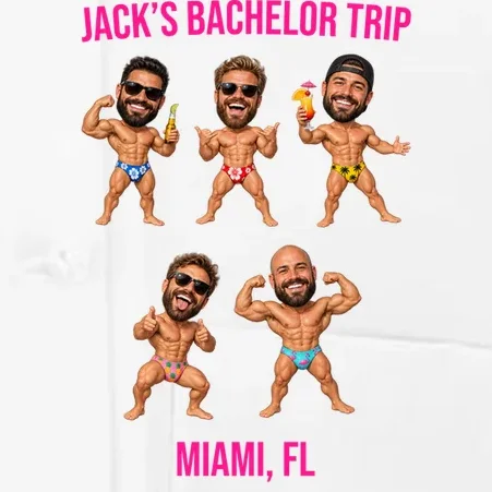 Personalized Tropical Bachelor Trip Men's Chef Coat - Custom Faces & Destination - Front - Close-up