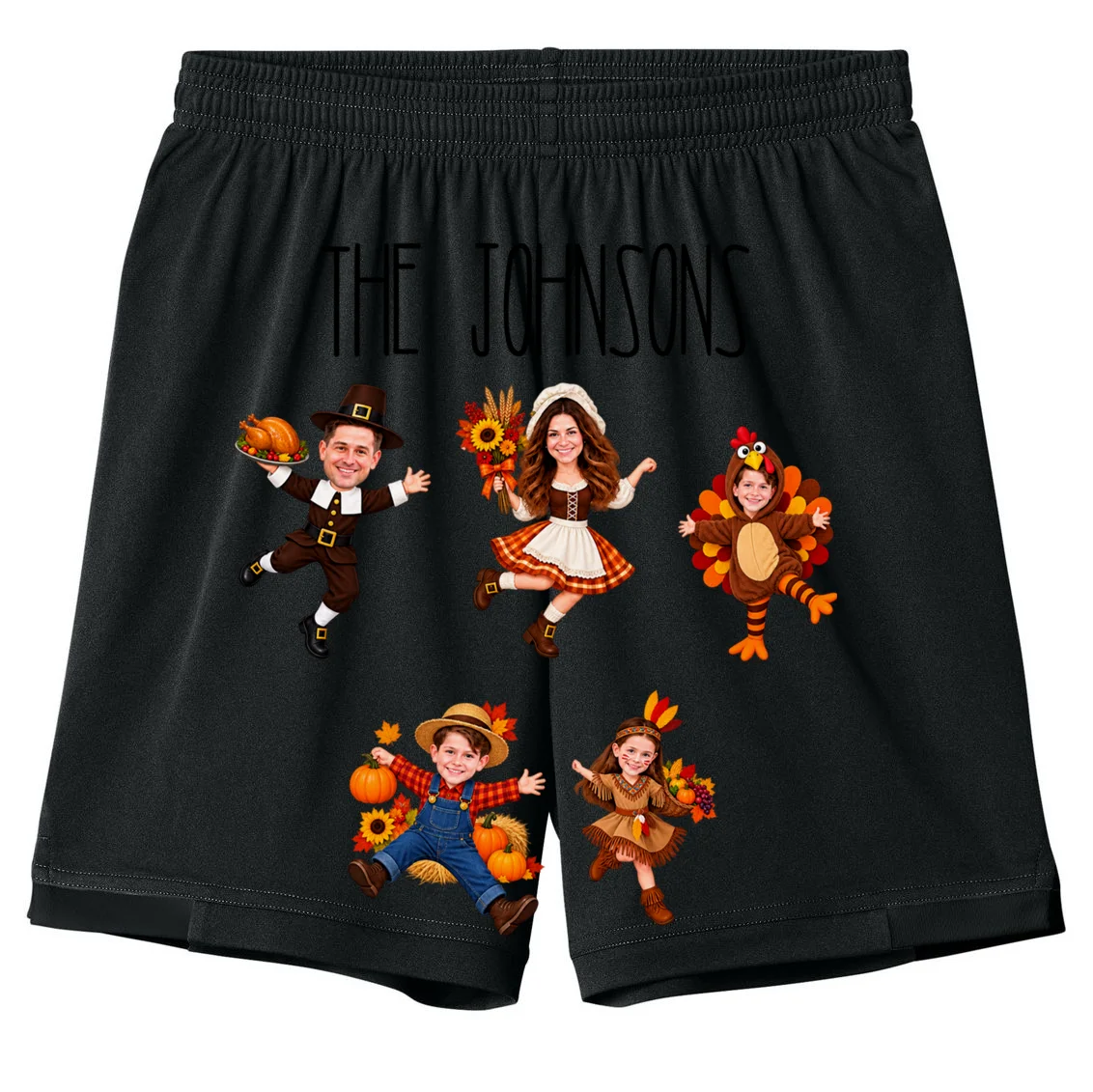 Personalized Thanksgiving Family Photo Kids Shorts - Custom Faces & Name Front