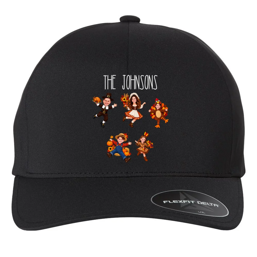 Personalized Thanksgiving Family Photo Flexfit Men's Snapback Hat - Custom Faces & Name Front
