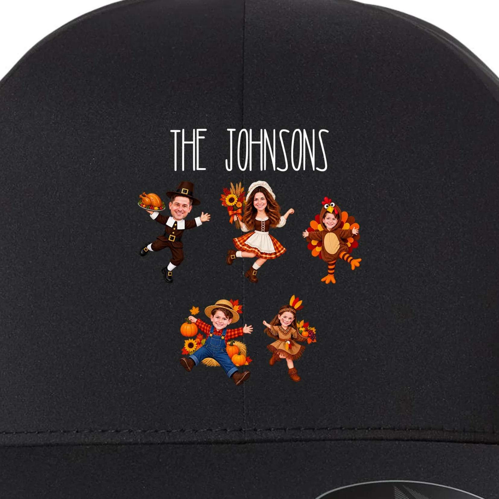 Personalized Thanksgiving Family Photo Flexfit Men's Snapback Hat - Custom Faces & Name - Front - Close-up