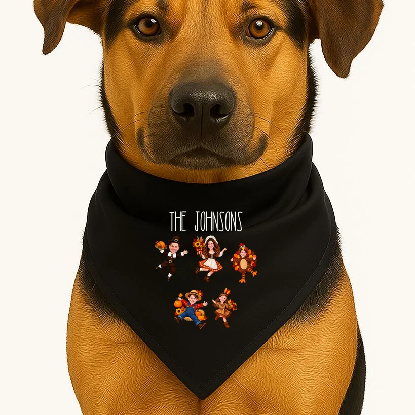 Personalized Thanksgiving Family Photo Dog Bandana - Custom Faces & Name - Front 1
