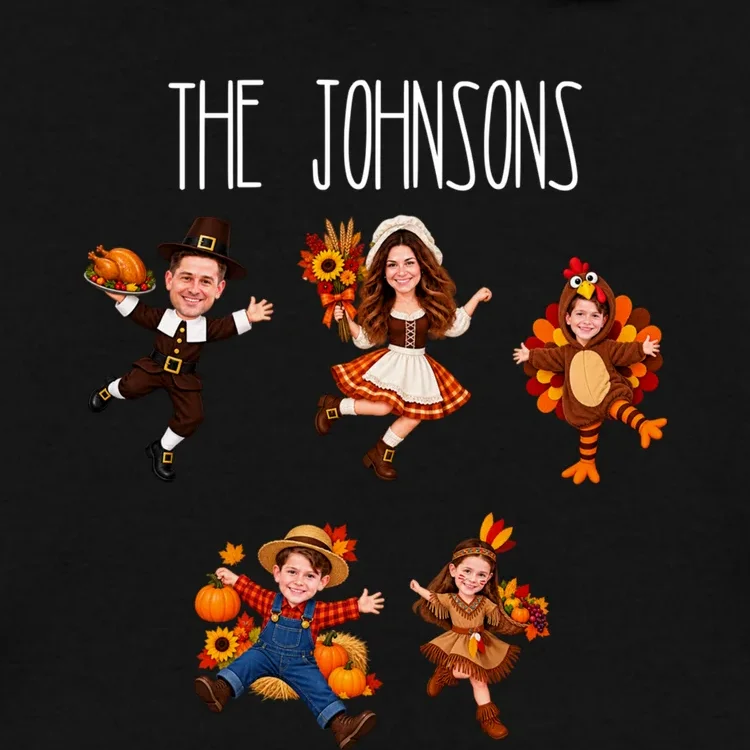Personalized Thanksgiving Family Photo Hoodie - Custom Faces & Name - Front - Close-up