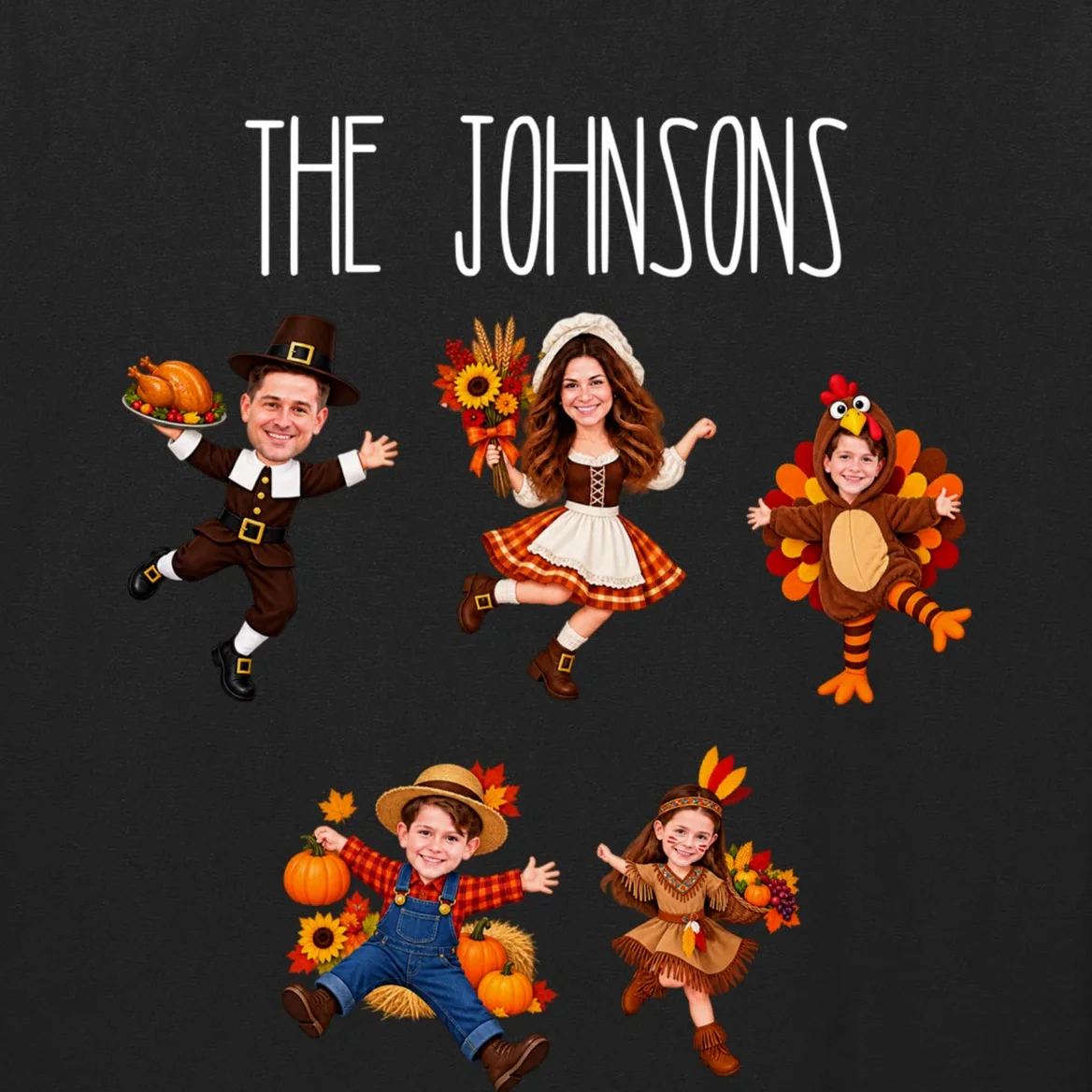 Personalized Thanksgiving Family Photo Long Sleeve Shirt - Custom Faces & Name - Front - Close-up