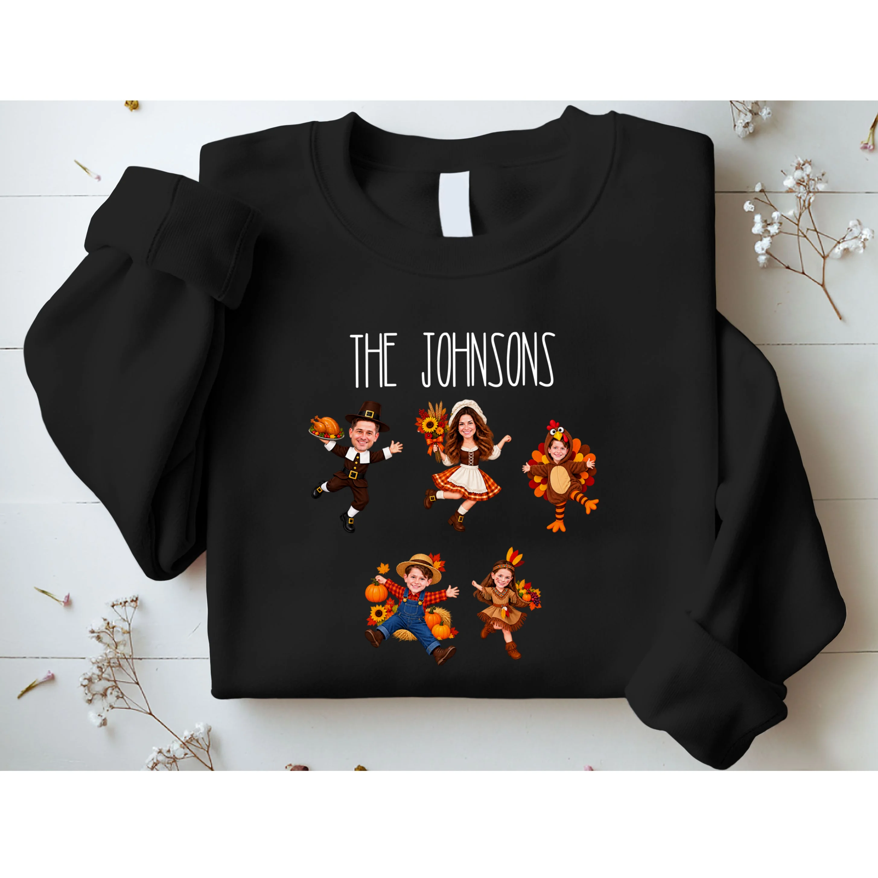 Personalized Thanksgiving Family Photo Sweatshirt - Custom Faces & Name - Front 1