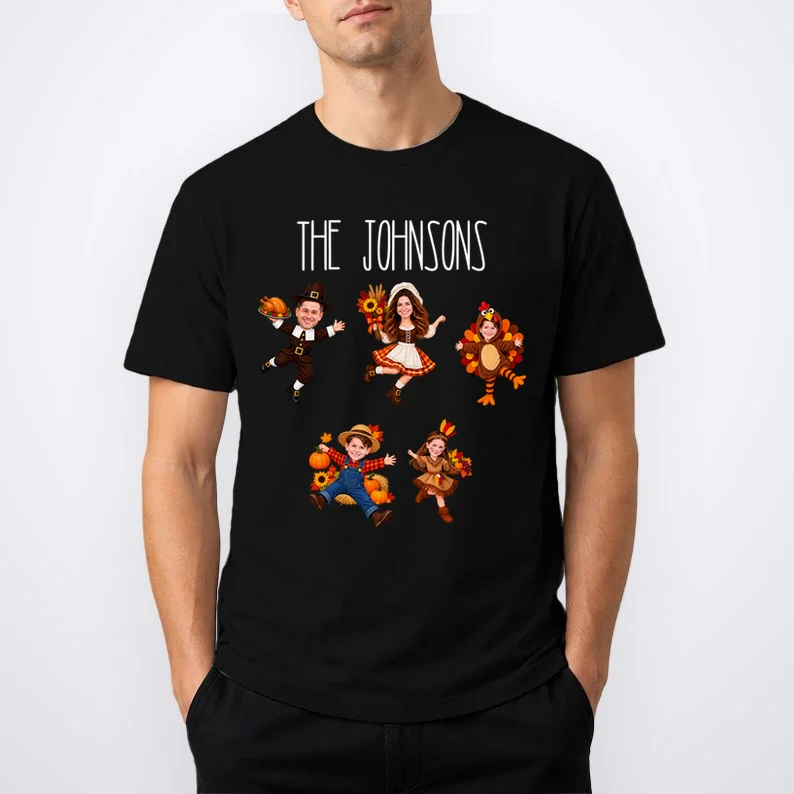 Personalized Thanksgiving Family Photo T-Shirt - Custom Faces & Name - Front 1