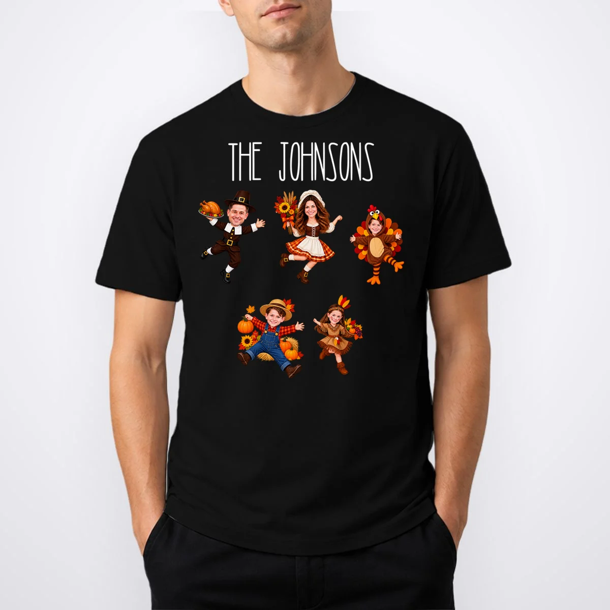Personalized Thanksgiving Family Photo T-Shirt - Custom Faces & Name - Front 1