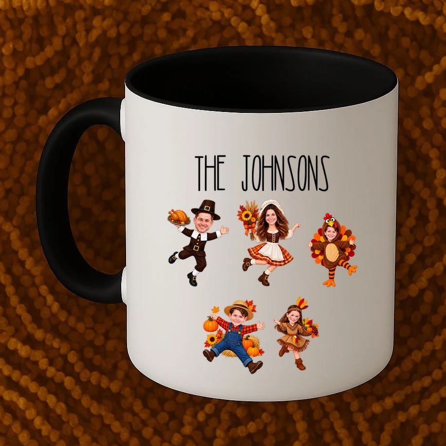 Personalized Thanksgiving Family Photo Coffee Mug - Custom Faces & Name - Front 1