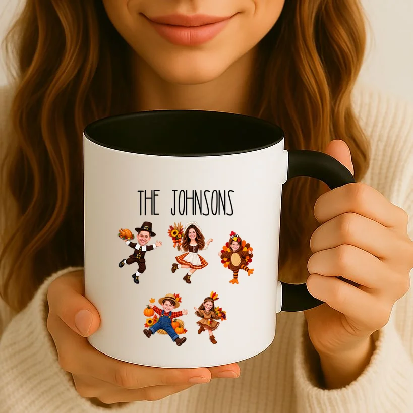 Personalized Thanksgiving Family Photo Coffee Mug - Custom Faces & Name - Front 2