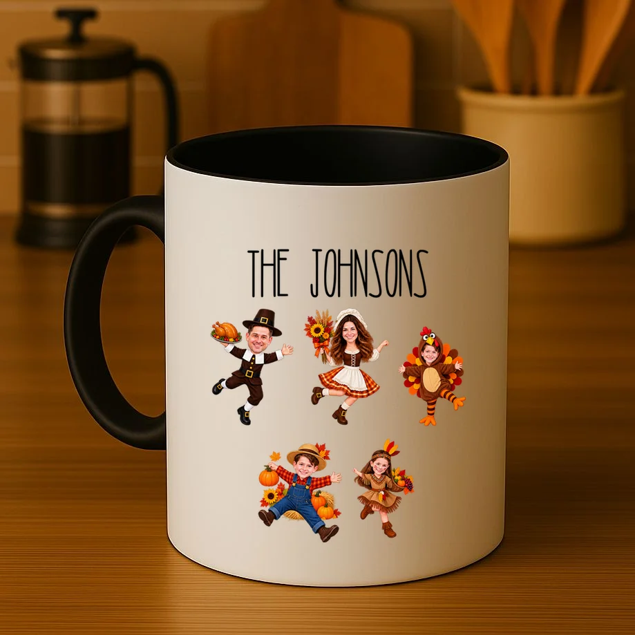 Personalized Thanksgiving Family Photo Coffee Mug - Custom Faces & Name - Front 3