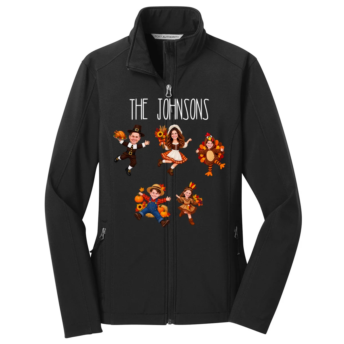 Personalized Thanksgiving Family Photo Women's Soft Jacket - Custom Faces & Name Front