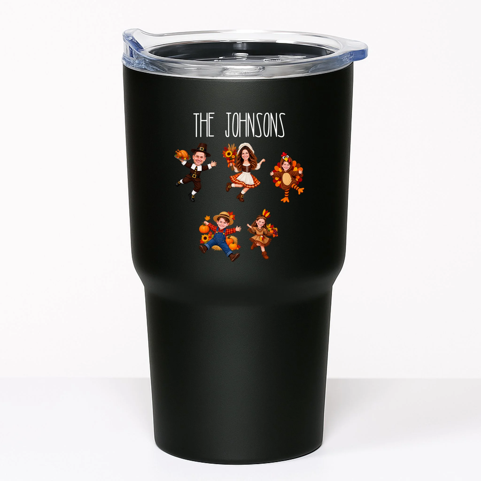 Personalized Thanksgiving Family Photo 20oz Tumbler - Custom Faces & Name - Front