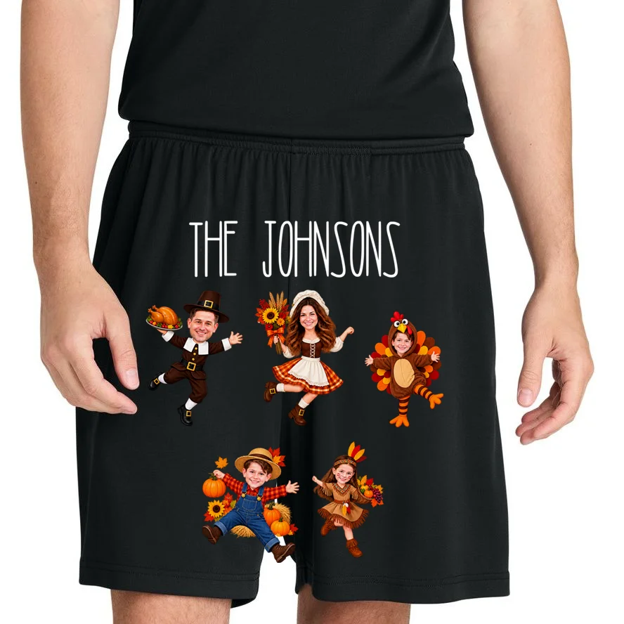 Personalized Thanksgiving Family Photo Men's Shorts - Custom Faces & Name - Front 1