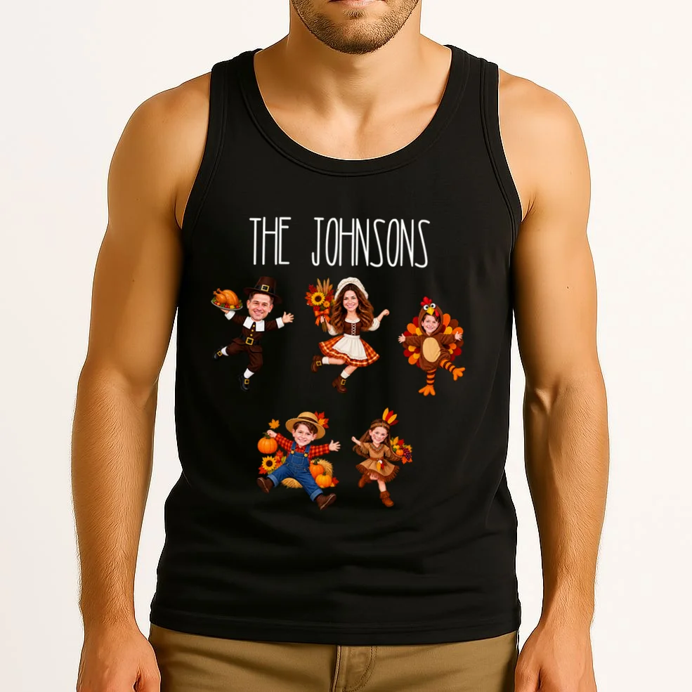 Personalized Thanksgiving Family Photo Tank Top - Custom Faces & Name - Front 2