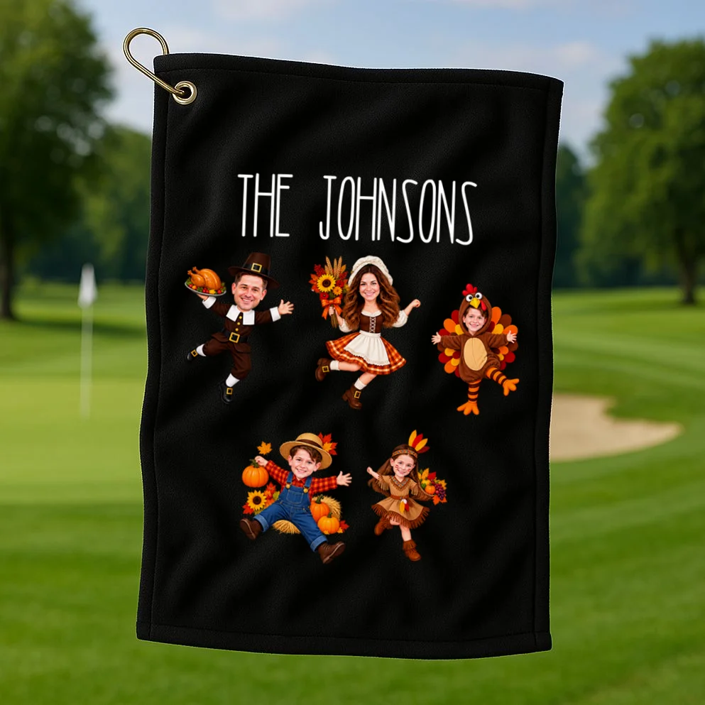 Personalized Thanksgiving Family Photo Golf Towel - Custom Faces & Name - Front 1