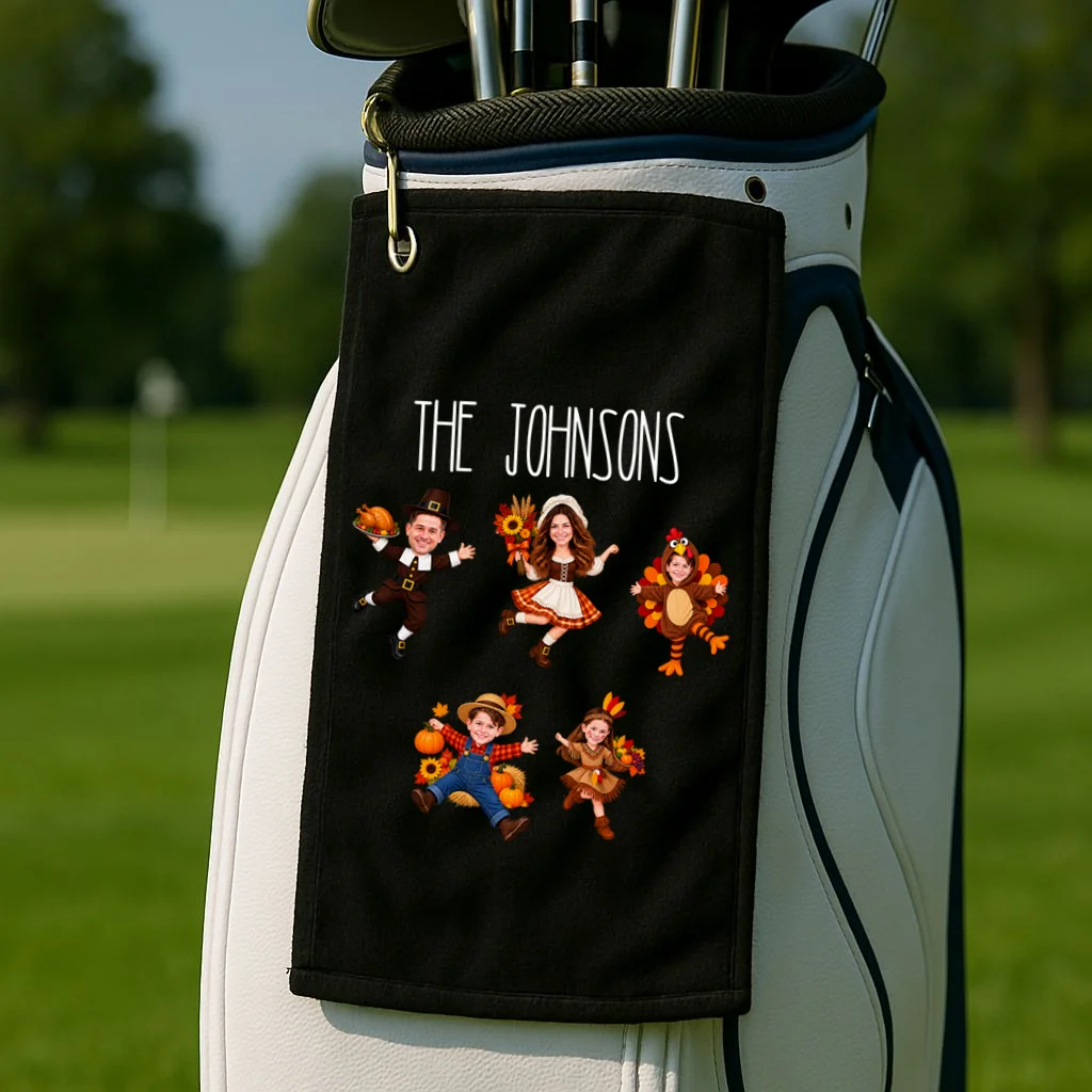 Personalized Thanksgiving Family Photo Golf Towel - Custom Faces & Name - Front 2