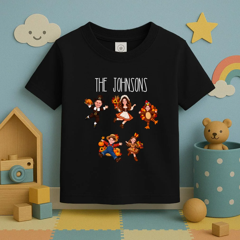 Personalized Thanksgiving Family Photo Toddler T-Shirt - Custom Faces & Name - Front 2