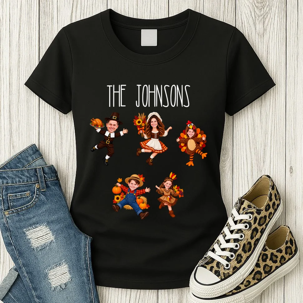 Personalized Thanksgiving Family Photo Women's T-Shirt - Custom Faces & Name - Front 2