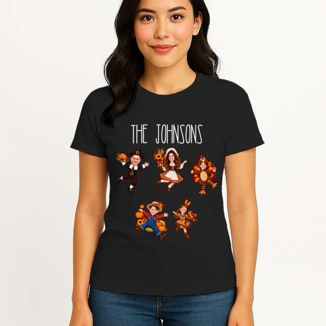 Personalized Thanksgiving Family Photo Women's T-Shirt - Custom Faces & Name - Front 3