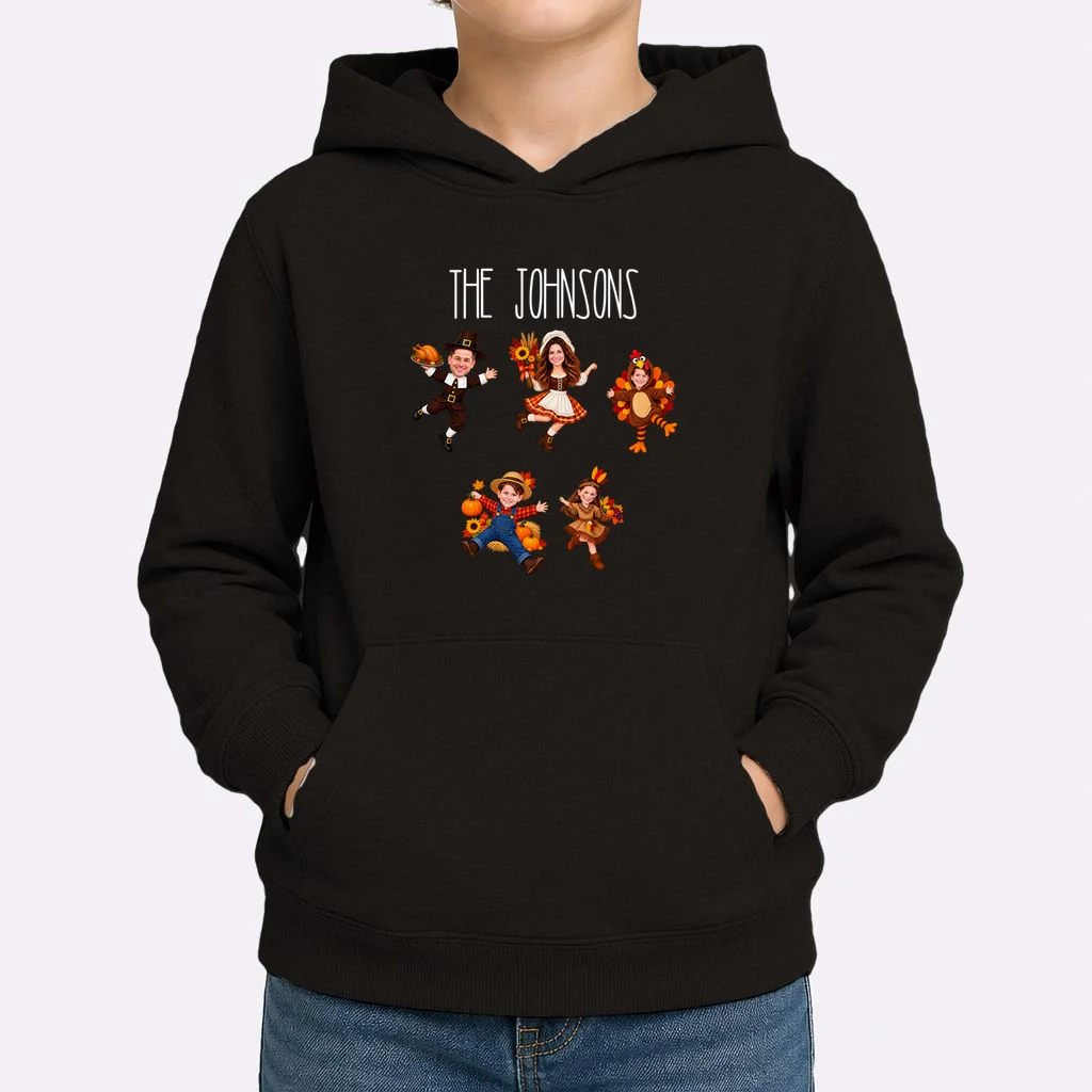 Personalized Thanksgiving Family Photo Kids Hoodie - Custom Faces & Name - Front 1