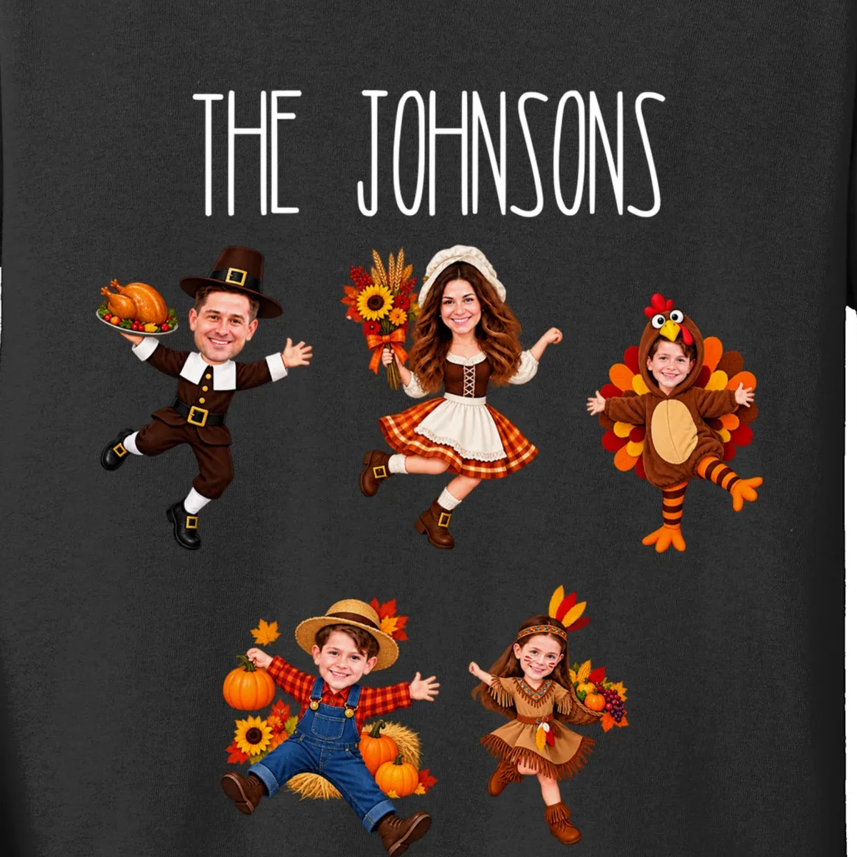 Personalized Thanksgiving Family Photo Kids Long Sleeve Shirt - Custom Faces & Name - Front - Close-up