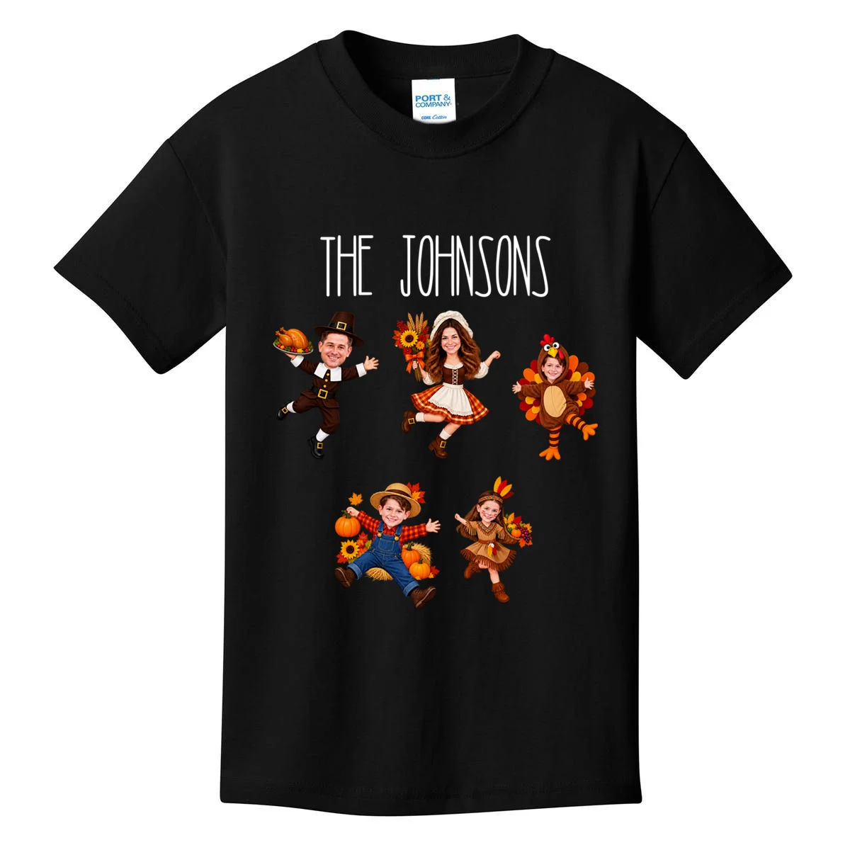 Personalized Thanksgiving Family Photo Kids T-Shirt - Custom Faces & Name - Front