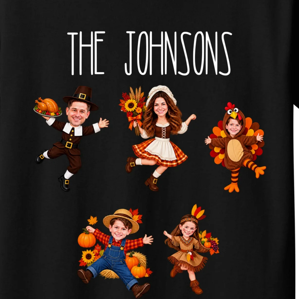 Personalized Thanksgiving Family Photo Kids T-Shirt - Custom Faces & Name - Front - Close-up