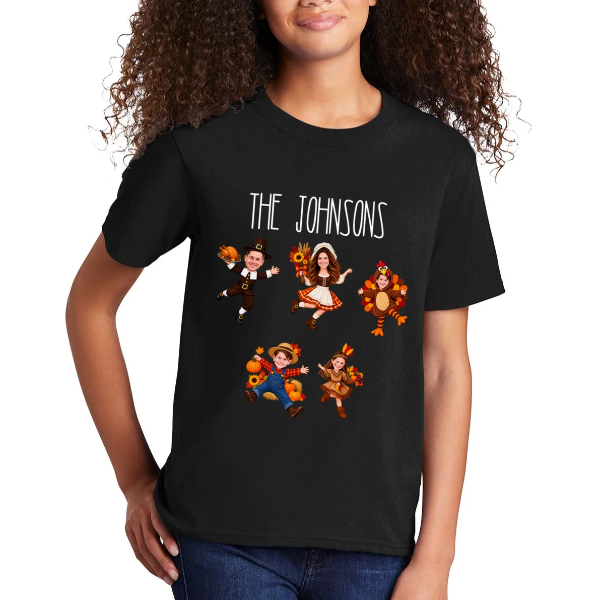Personalized Thanksgiving Family Photo Kids T-Shirt - Custom Faces & Name - Front 1