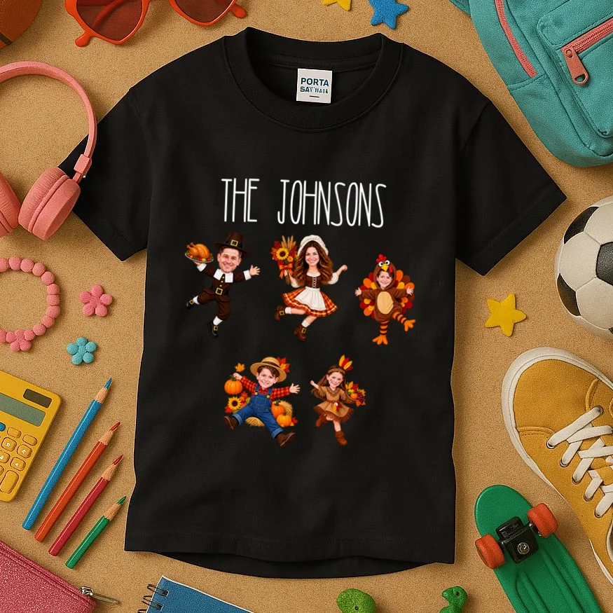 Personalized Thanksgiving Family Photo Kids T-Shirt - Custom Faces & Name - Front 2