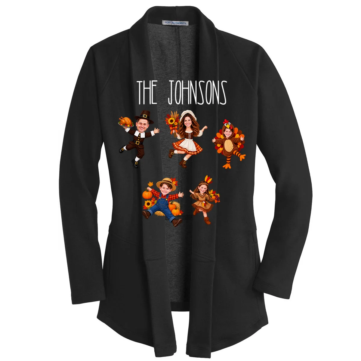 Personalized Thanksgiving Family Photo Women's Cardigan - Custom Faces & Name Front