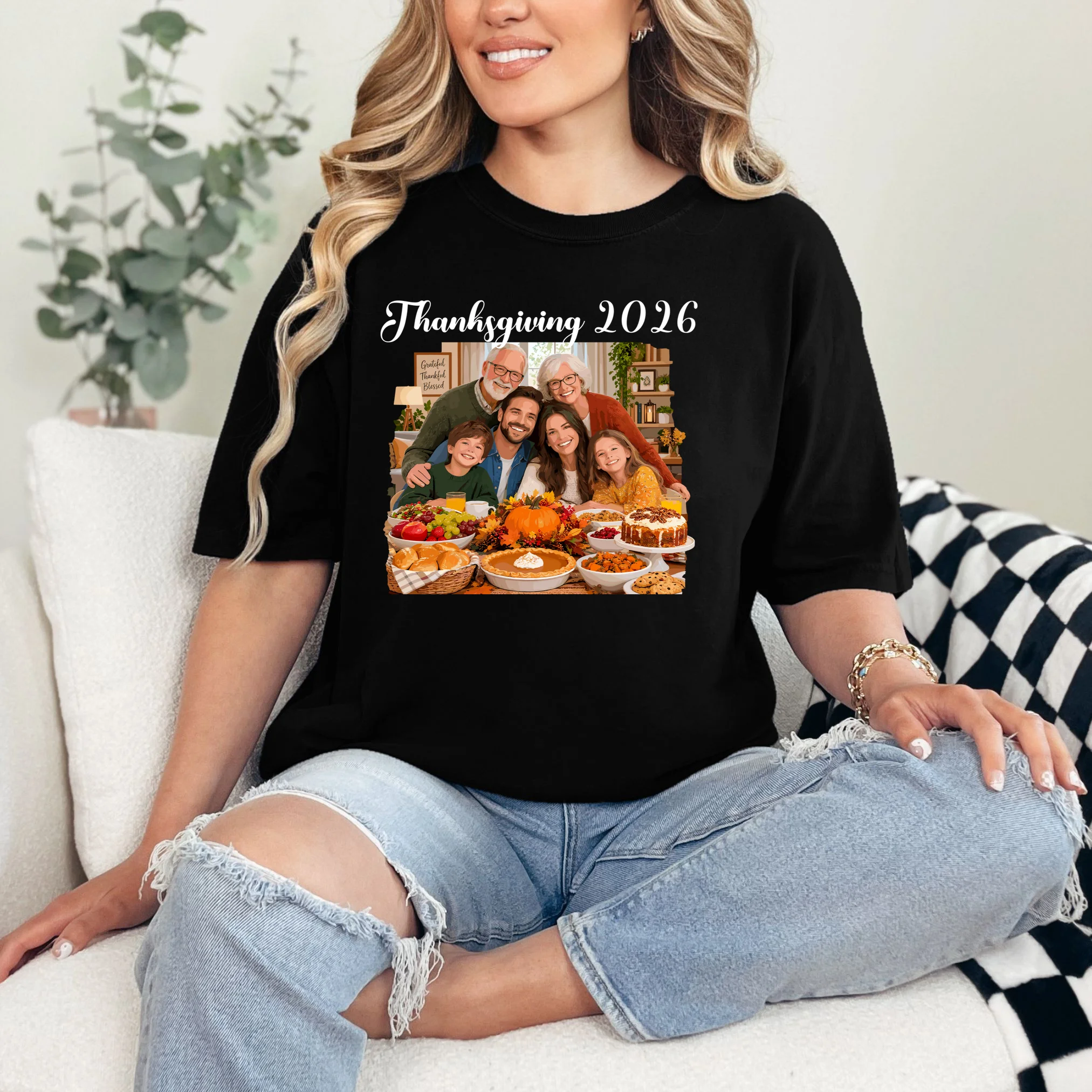 Personalized Thanksgiving Family Portrait – Custom Family Photo Fall Holiday Design Comfort Colors Unisex T-Shirt - Front 1
