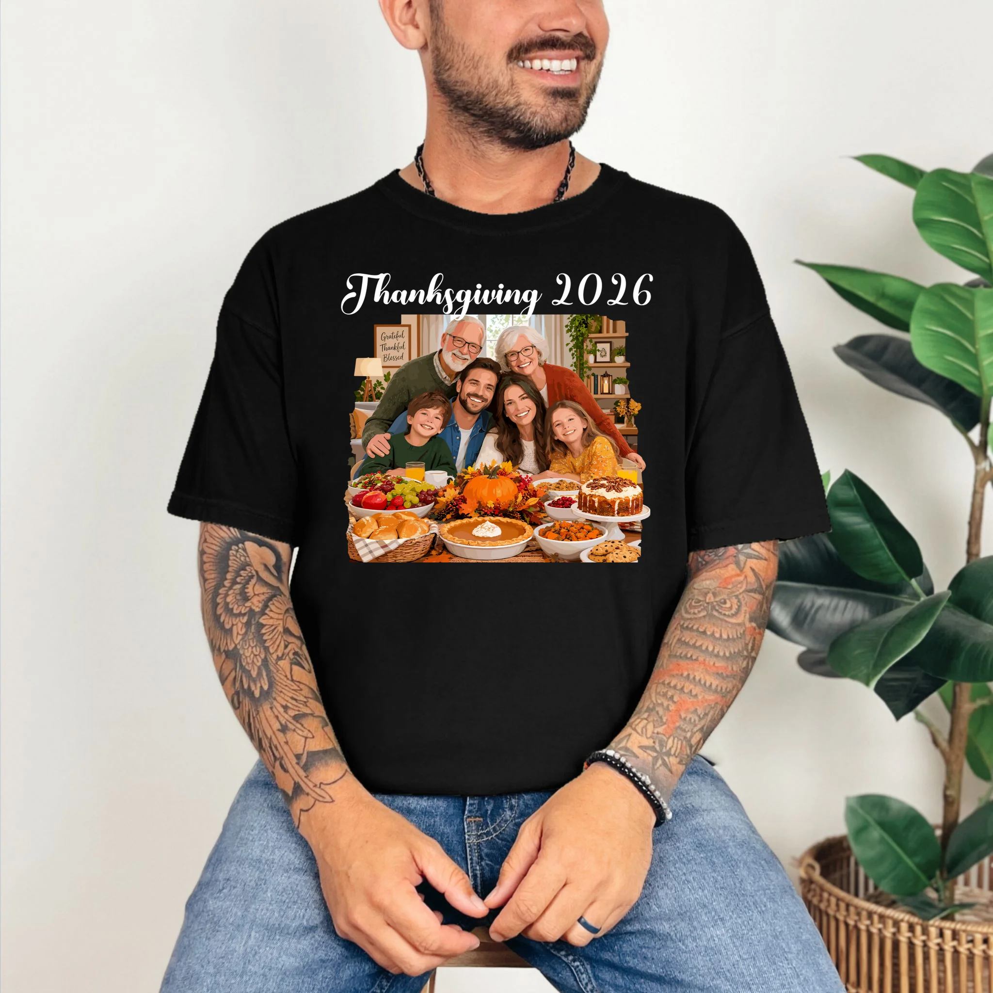 Personalized Thanksgiving Family Portrait – Custom Family Photo Fall Holiday Design Comfort Colors Unisex T-Shirt - Front 2