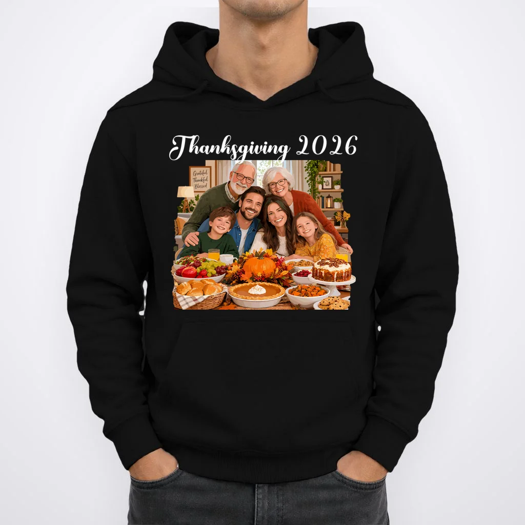 Personalized Thanksgiving Family Portrait – Custom Family Photo Fall Holiday Design Men's Hoodie - Front 1