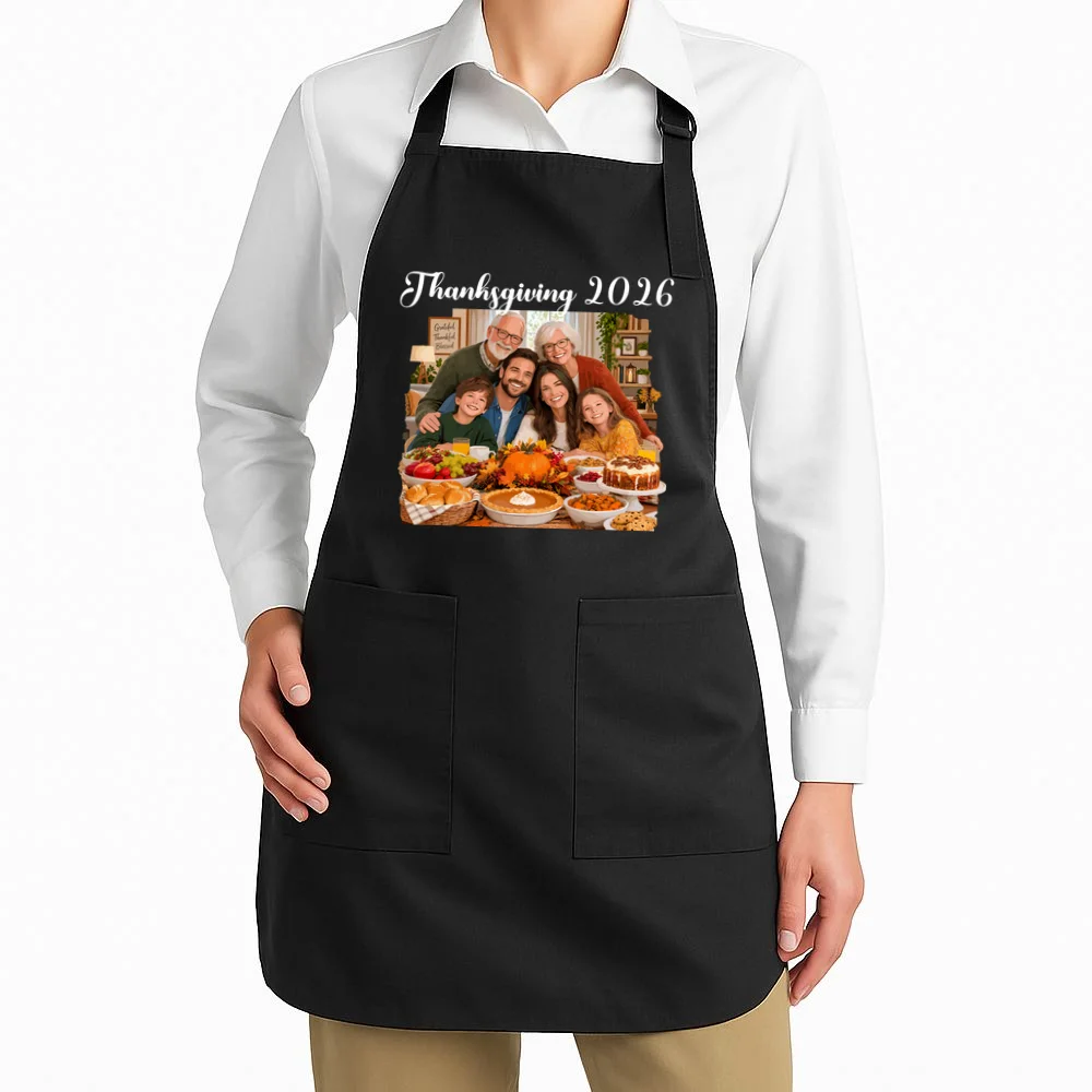 Personalized Thanksgiving Family Portrait – Custom Family Photo Fall Holiday Design Apron - Front 1