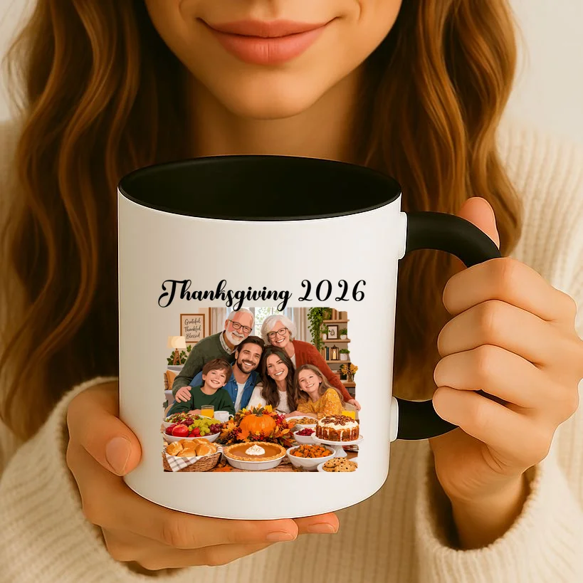 Personalized Thanksgiving Family Portrait – Custom Family Photo Fall Holiday Design Mug - Front 2